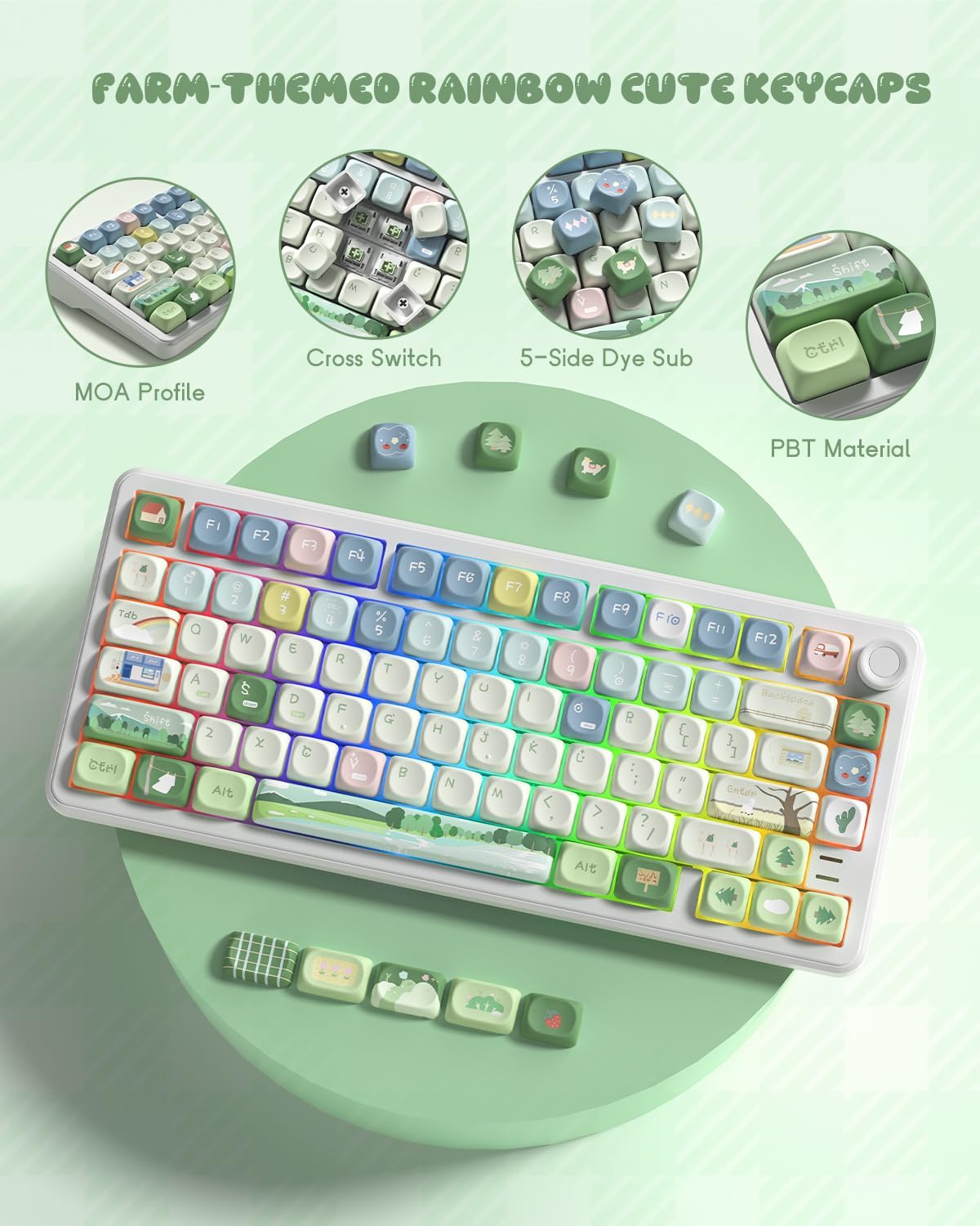 MOA Profile Farm Theme PBT Keycaps Set, 133 Keys Cute Rainbow Custom Keyboard Keycaps for Mechanical Keyboards, Dye-Sublimation, Compatible with 60%, 65%, 75%, 100% Layout