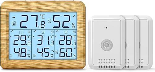 ORIA Termómetro para interiores y exteriores con 3 sensores inalámbricos, termómetro higrómetro digital, medidor de monitor de humedad de
