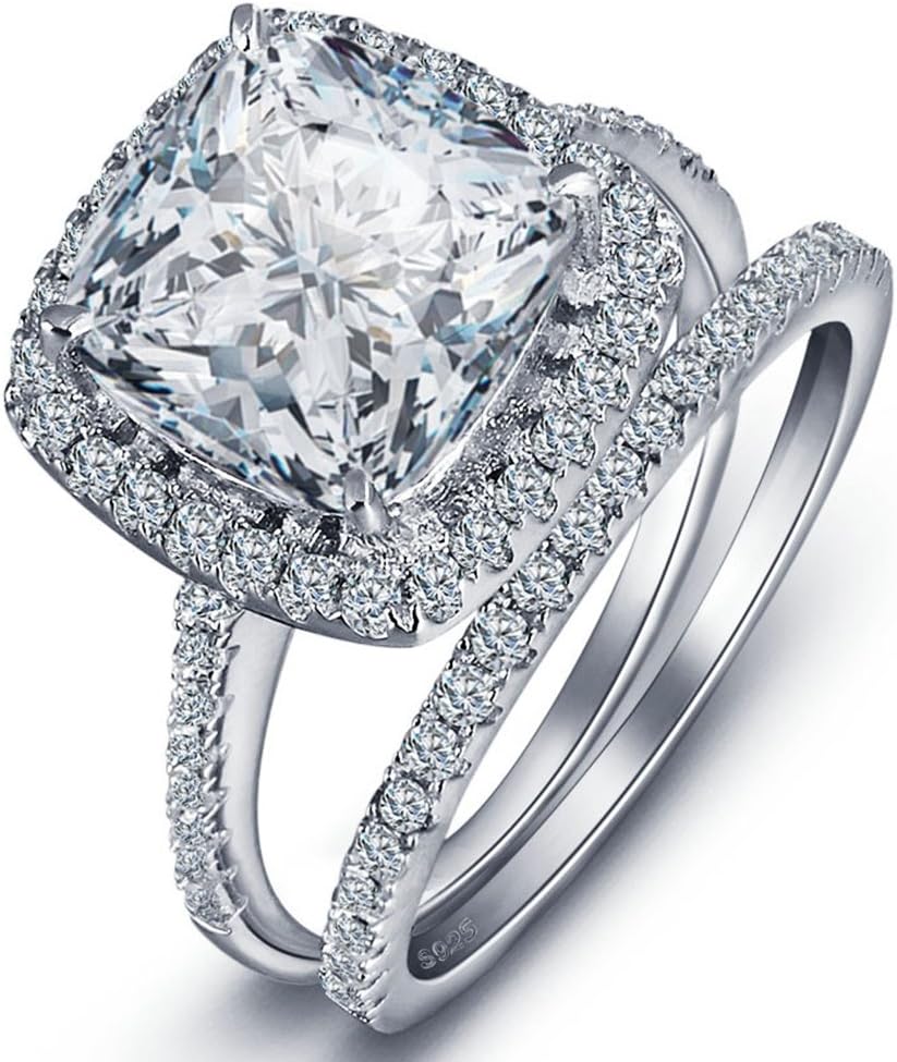 Women's 2PCS Pretty 18K White Gold Plated Princess Cut CZ Bridal Engagement Wedding Band Set Best Anniversary Promise Rings for Her Eternity Love Collection Jewelry Heart Arrow Rings