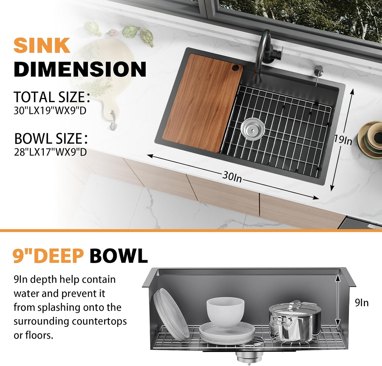 Black Kitchen Sink Workstation,30"x19" Stainless Steel Undermount Single Bowl Kitchen Sink Built-in Ledge Drop In Workstation Sink For Placing/Sliding Accessories-Cutting Board,Drying Rack