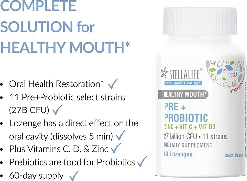 Miniatura 3 de StellaLife Probióticos Orales PRE+PROBIÓTICOS LOZENGES 27B CFU, 11 cepas, probióticos dentales para dientes y encías saludables, mal aliento, VIT C