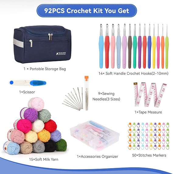 Reessy Crochet Kits for Beginners Adults, 93pcs Crochet Kit-Dark Blue