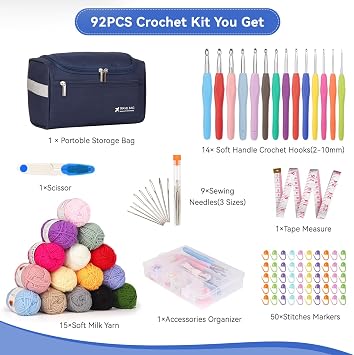 Reessy Crochet Kits for Beginners Adults, 93pcs Crochet Kit-Dark Blue