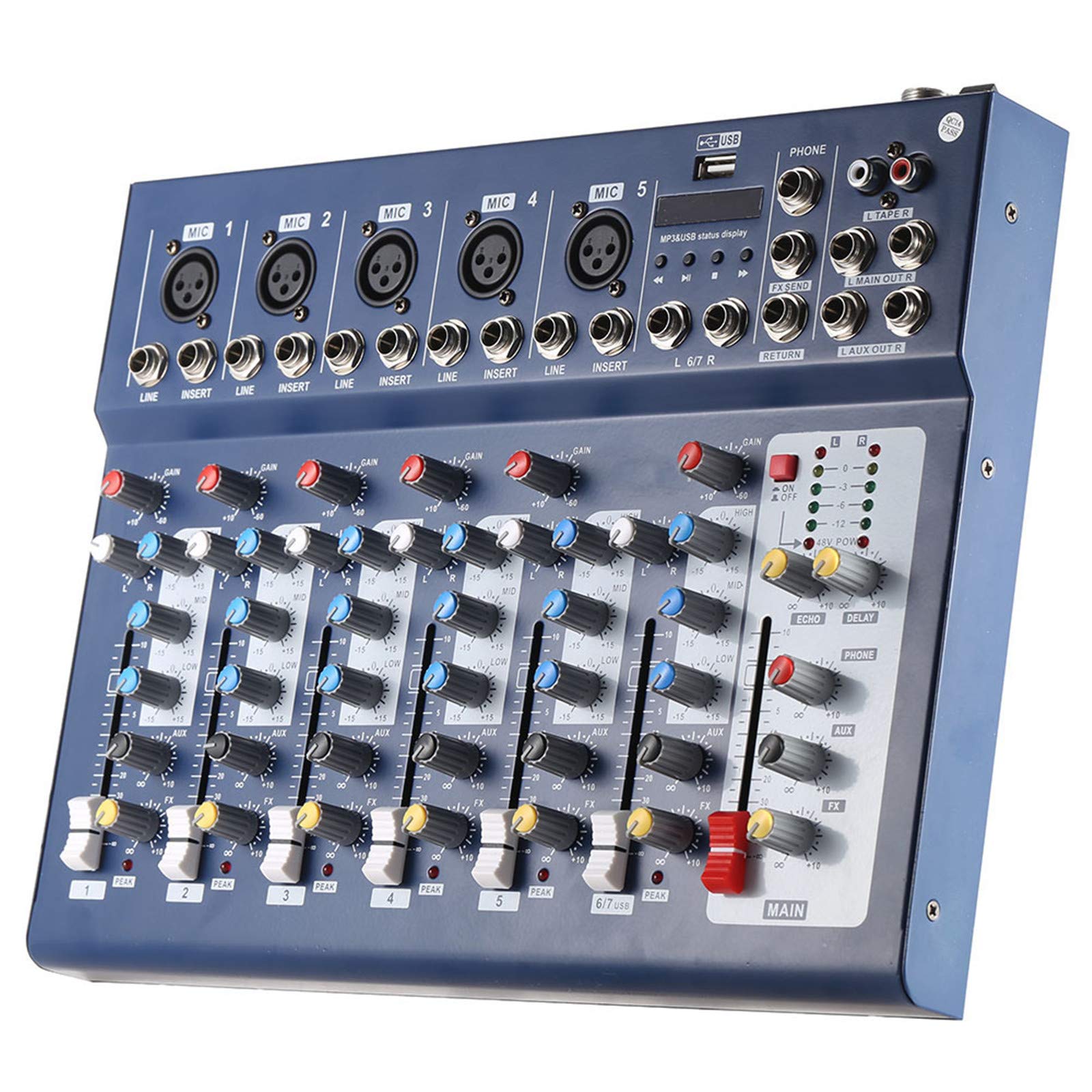 AFYH Bureaux de mixage de Studio, Console de mixage Audio de Ligne de Micro numérique à 7 canaux avec entrée USB Égaliseur à 3 Bandes pour l'enregistrement de la Musique de karaoké sur scène DJ