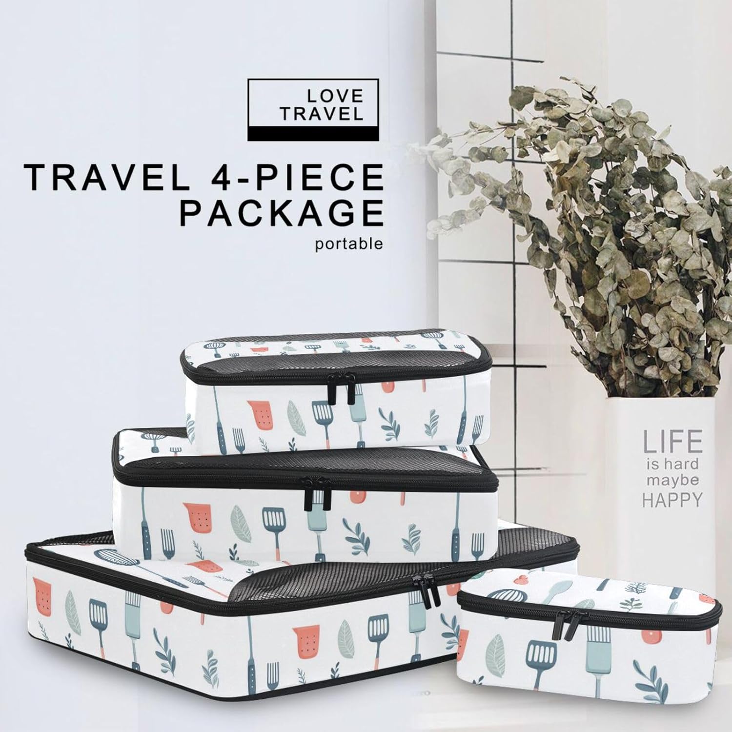 Safari Style Kitchen Tool White 4 Pcs set organizer for travel Mesh Travel Essentials expandable luggage packing cubes