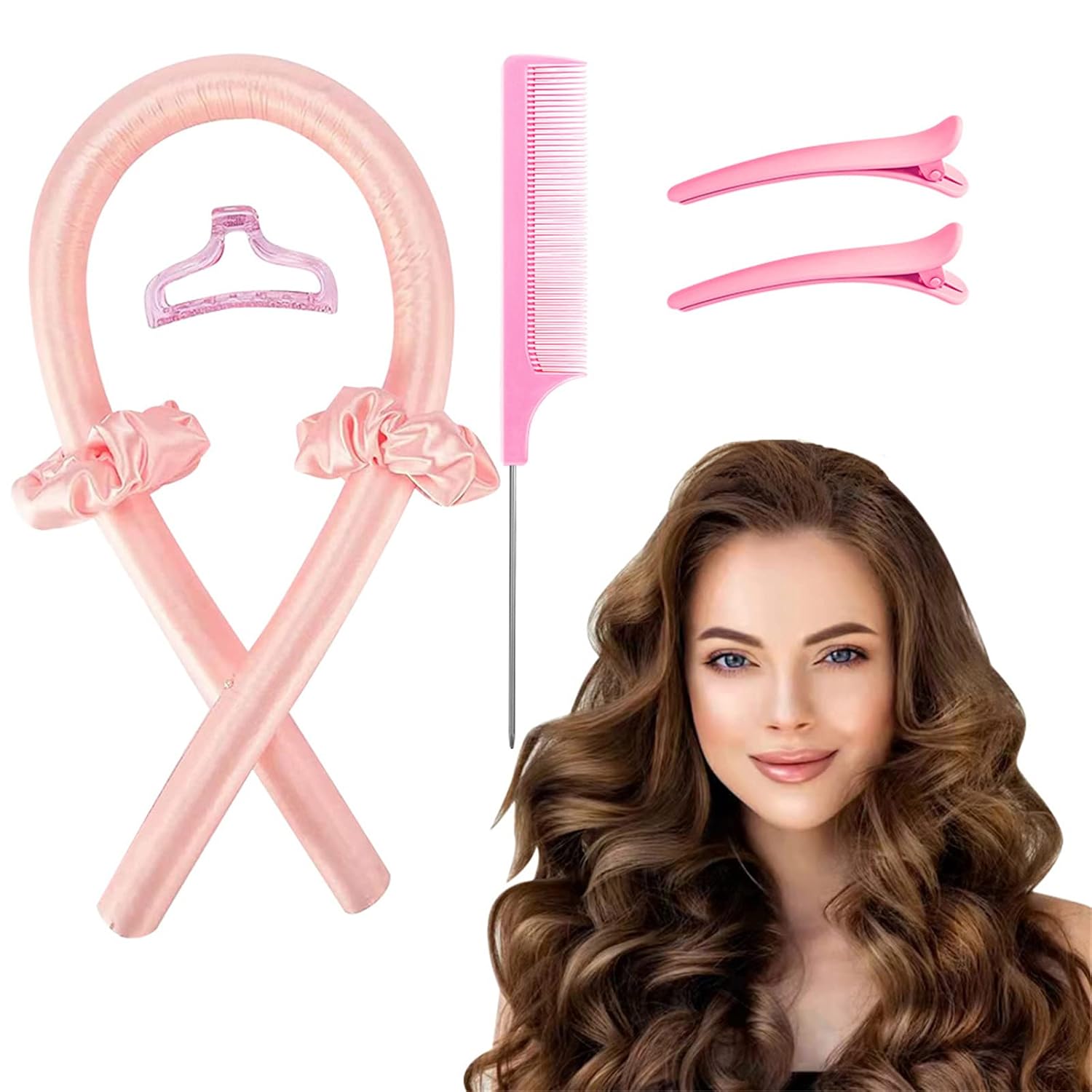 TWKGBUAD Heatless Hair Curler, Silk Curling Rod Headband, No Heat Soft Rubber Rollers with 1 clip 2 rings comb duck frame clips, Sleeping Curls Kit for Long Medium (pink)