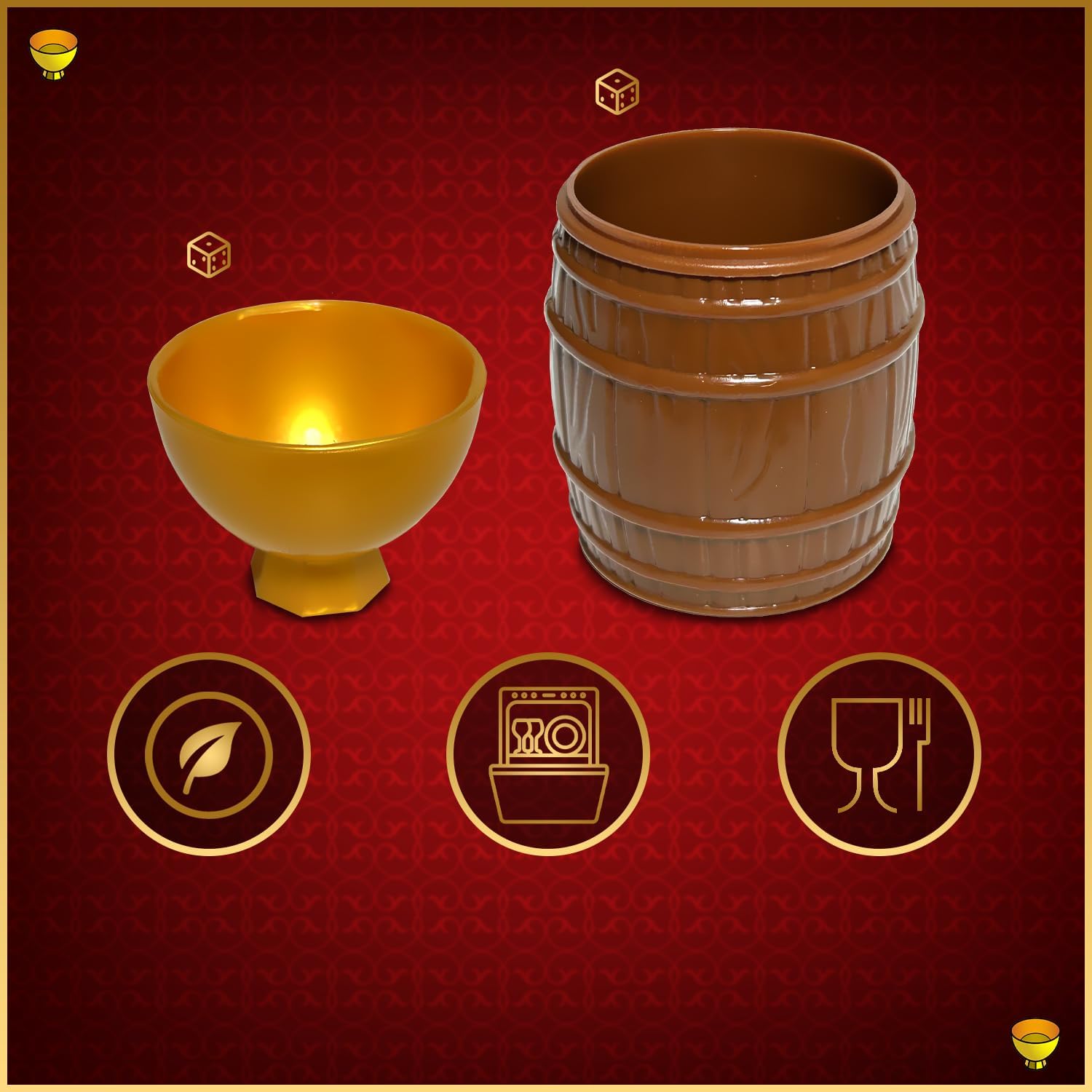 Gold Cup Dice Travel Friendly Family Game for Camping, Indoor & Outdoor Family Game Night Fun, Play Over 26 Games with Two Foodsafe Cups & 24 Premium Electroplated Dice Set