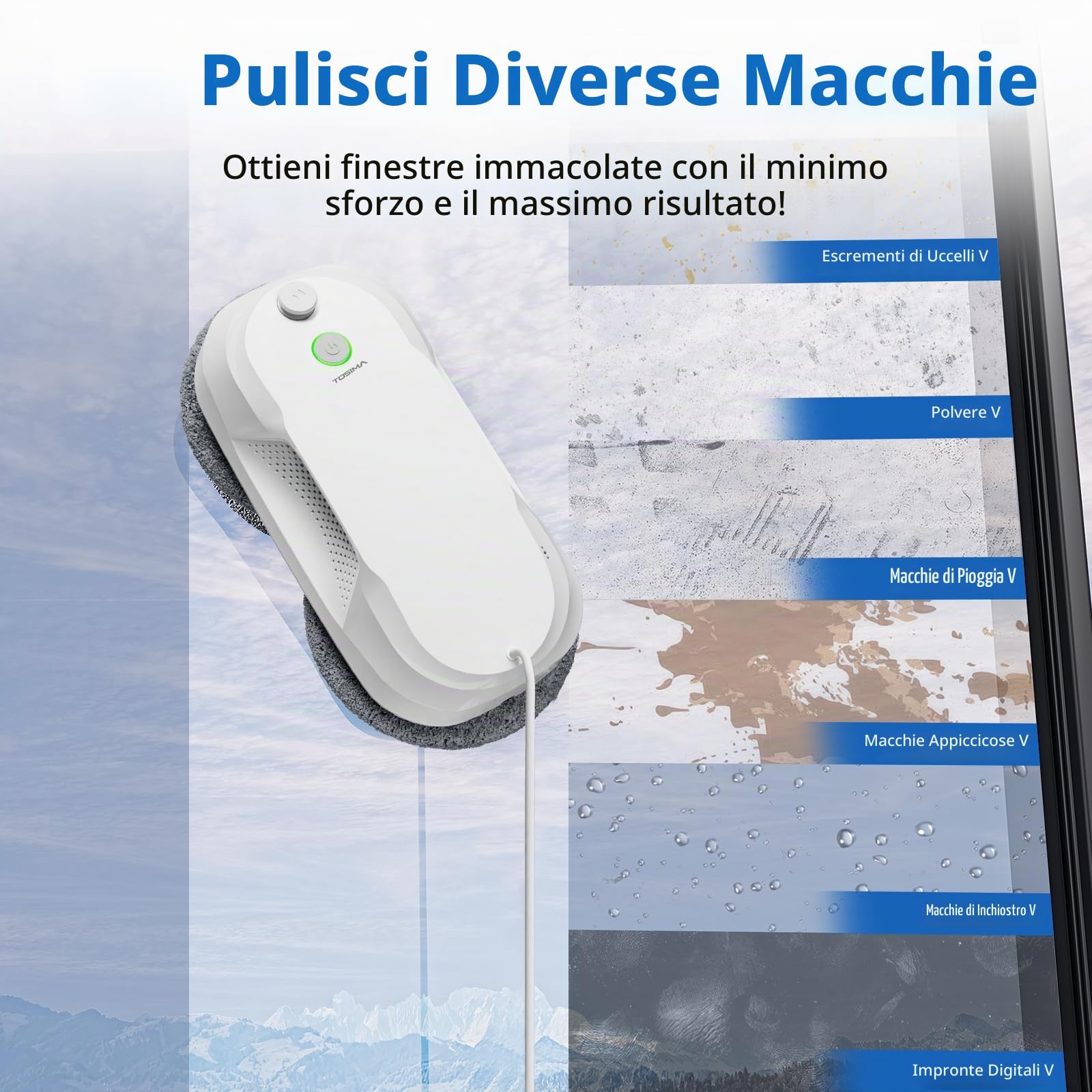 Tosima W5 Robot pulitore vetri 6400 Pa Max potenza di aspirazione adattiva, pulitore intelligente per vetri con sistema di sicurezza tripla, navigazione intelligente, telecomando, per