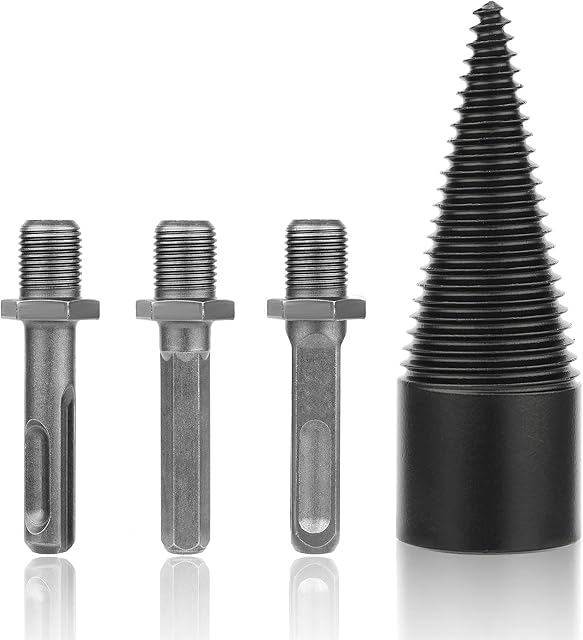 32mm Firewood Log Splitter Drill Bit, Removable Wood Log Splitter Firewood Drill Bit Heavy Duty Electrical Screw Cone Kindling Firewood Splitter with Hex Square Round Drill Shanks (4 Pieces)