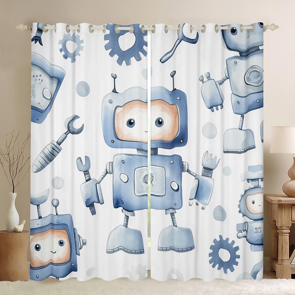 Manfei Kawaii Robot Kids Blackout Curtain,Modern Cartoon Toys Window Drapes for Boys Girls,Watercolor Intelligent Equipments Tools Green Blue Window Treatments Grommet Top 2 Panel Set,52Wx63L inch