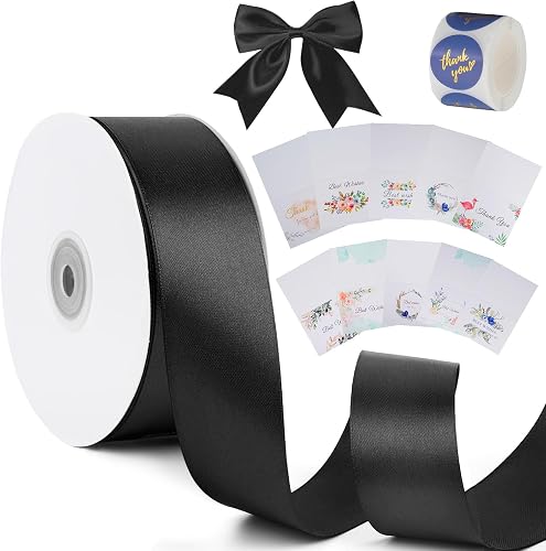 25 Yard 1-1/2 inch Black Satin Ribbon with Thank You Cards & Stickers,Solid Ribb