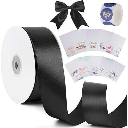 1-1/2 inch Black Solid Satin Ribbon with Thank You Cards & Stickers,50 Yards Ribbon for Bows Bouquet,Gift Wrapping,Wedding,Floral Arrangement,Christmas Decorations