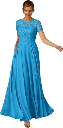Short Sleeve Mother of The Bride Dresses for Wedding Sequin Lace Chiffon Formal Gown with Pockets EA030