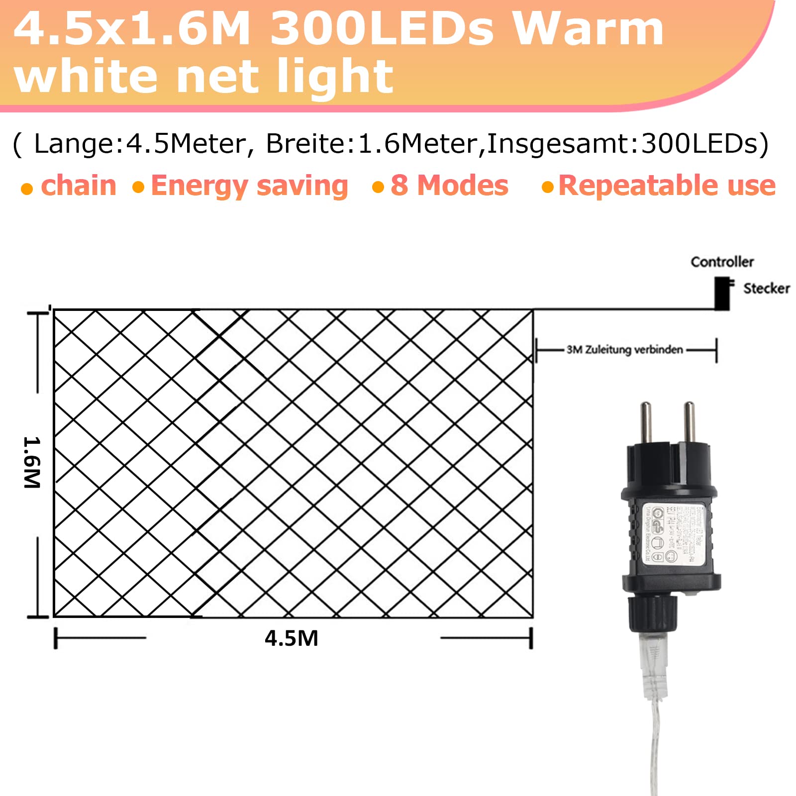 Randaco Siatka świetlna LED, 300 diod LED, ciepła biel, dekoracyjna lampa do użytku wewnątrz i na zewnątrz, z wtyczką (4,5 x 1,6 m, 8 trybów)
