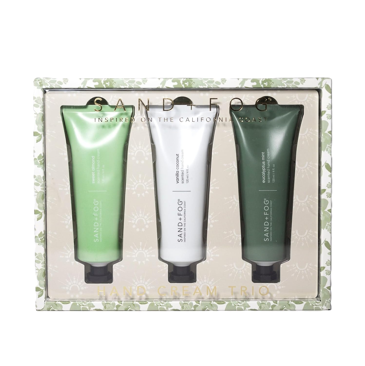 Sand + Fog Hand Cream Trio Set, Sweet Almond, Vanilla Coconut, Eucalyptus Mint Scented Hand Creams, 3 Pack, 4 fl oz Each