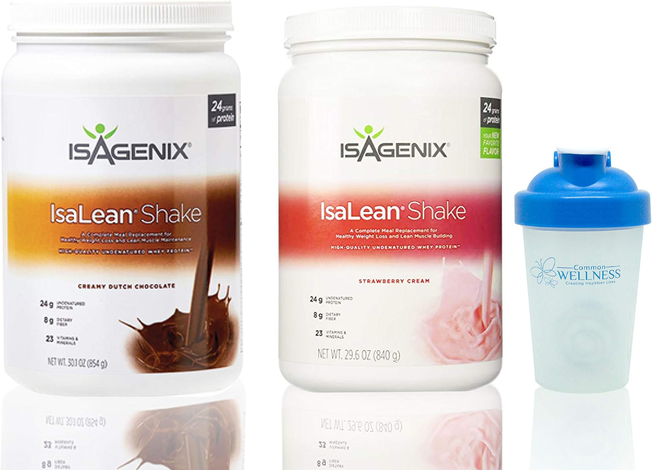 Isagenix Isalean Creamy Dutch Chocolate Shake & Strawberry Cream Shake Combo 29.1oz Canisters & BONUS Common Wellness shaker bottle (2 Pack)
