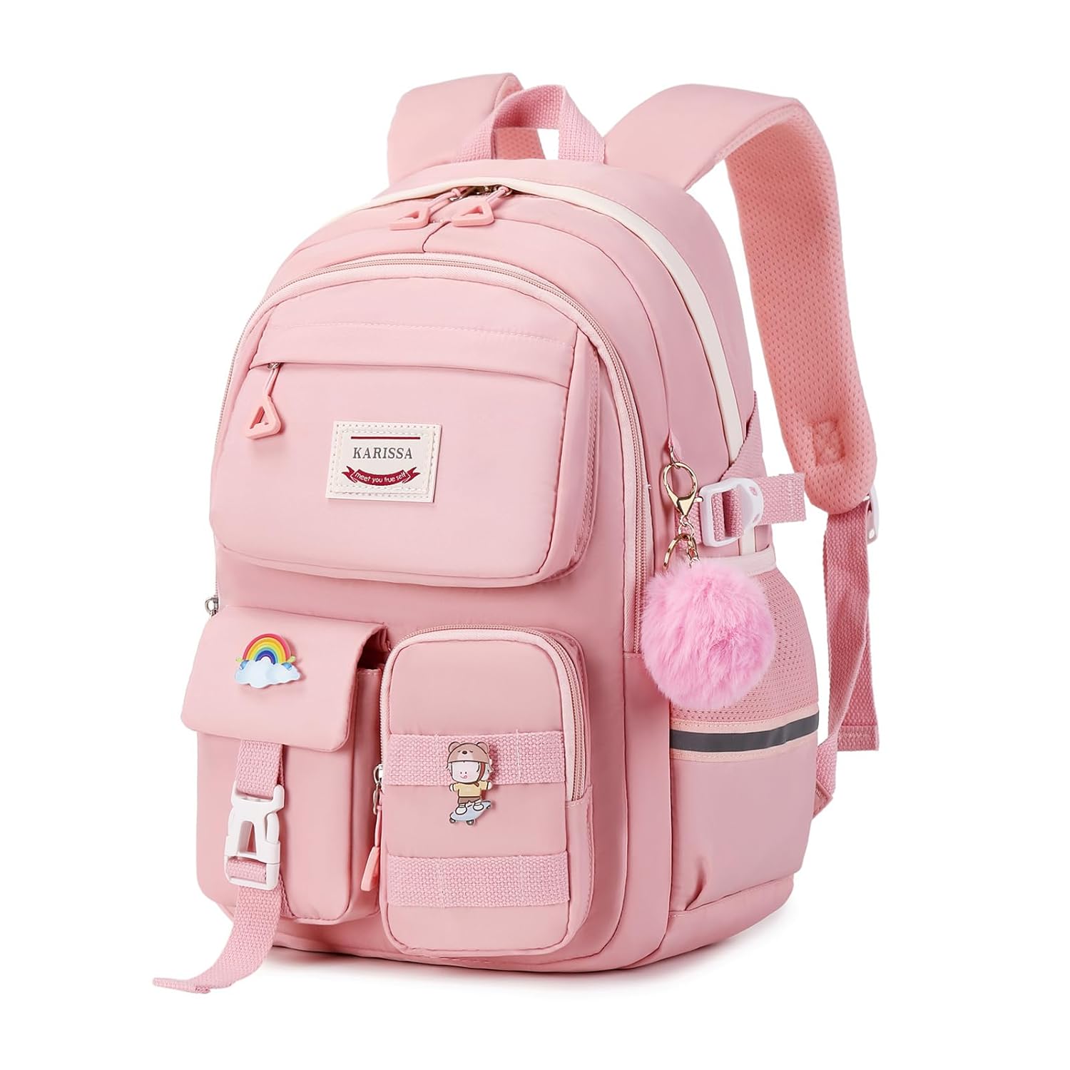 Kawaii Girls Backpack for School Cute Teenage Multiple Pockets Backpack Fashion Bookbag for Primary Elementary High School Pink