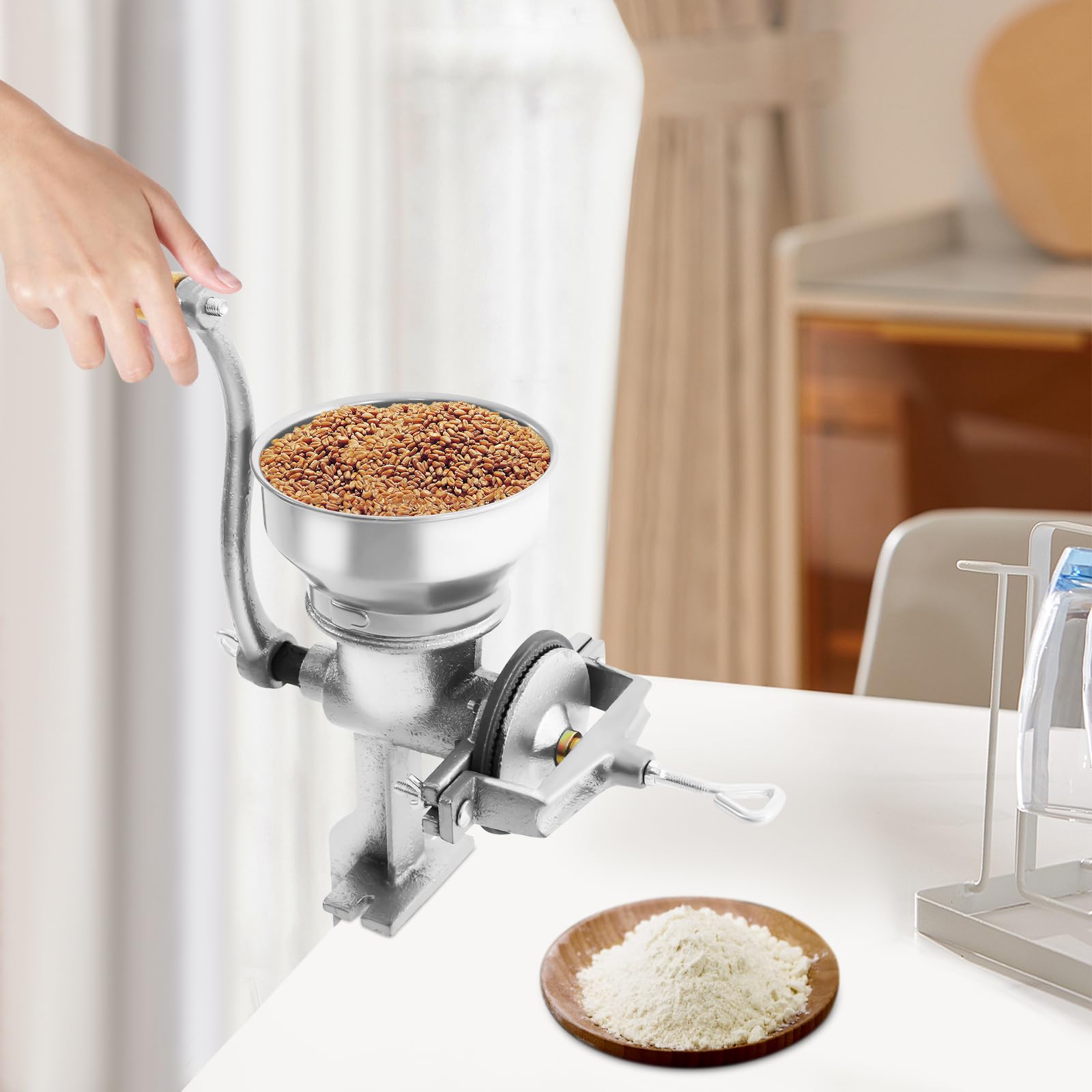 Macinino manuale per cereali con morsetto da tavolo, macinacaffè regolabile per noci e spezie, capacità 1,1 kg e antiruggine, in ghisa con manico a 360°, per erbe, cereali, caffè, pepe