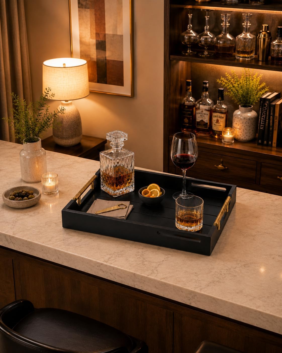 Black Serving Tray with Handles for Bar Coffee Table and Ottoman