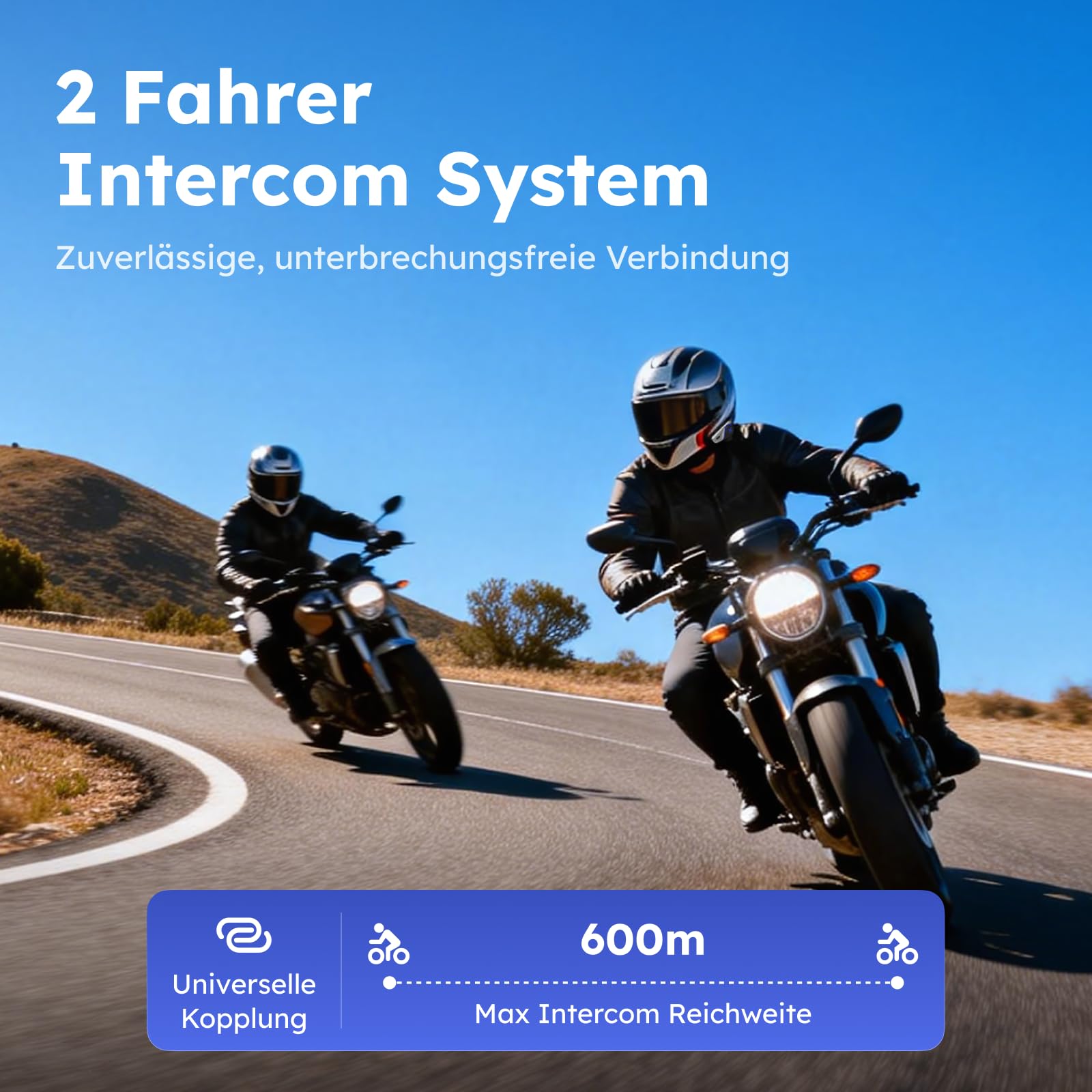 Motorrad Bluetooth Headset mit Audio-Multitasking, 2-Wege-Intercom mit 600m Reichweite, Bluetooth 5.3 Helm Kommunikationssystem mit universeller Kopplung/FM/1000mAh Akku, Einzelpack-D9