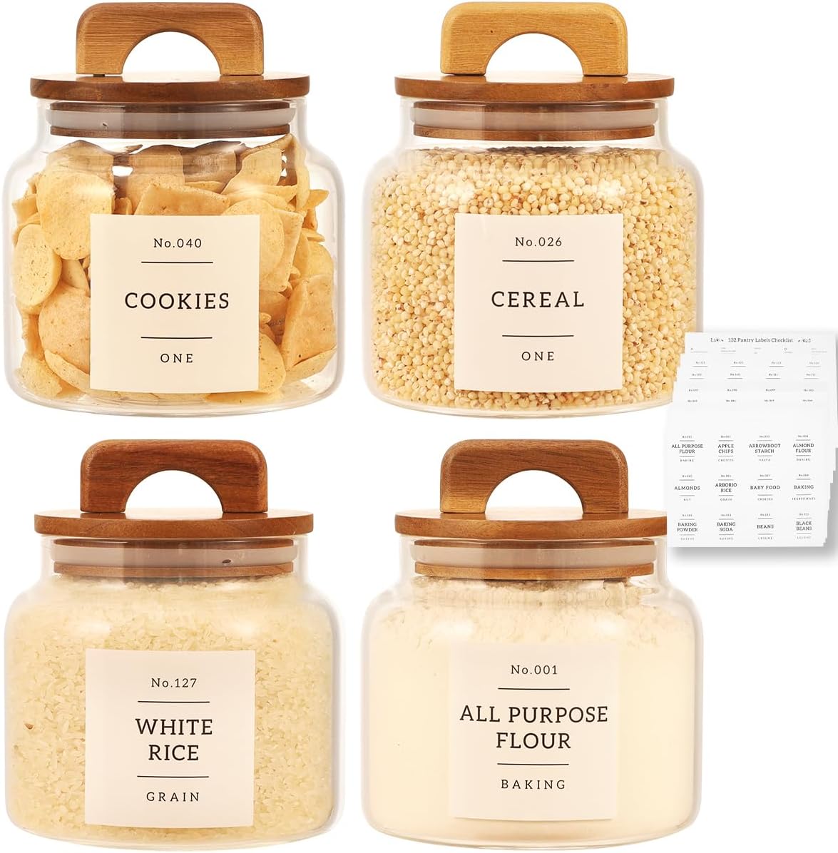 4 Pack Glass Pantry Storage Containers with 132 Pantry Labels - 37 FL OZ Kitchen Glass Canisters with Bamboo Airtight Lids - Farmhouse Glass Pantry Jars for Cookie, Rice, Pasta, Cereal, Bath Salt