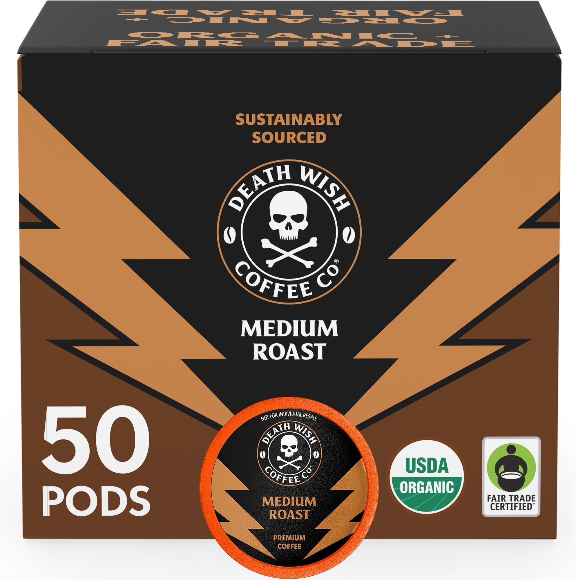Death Wish Coffee Co. Medium Roast Single Serve Pods - Lighter Blend of Bold Arabica & Robusta Beans - USDA Organic Bold Full Body Roast for a Day Lift (50 Count)