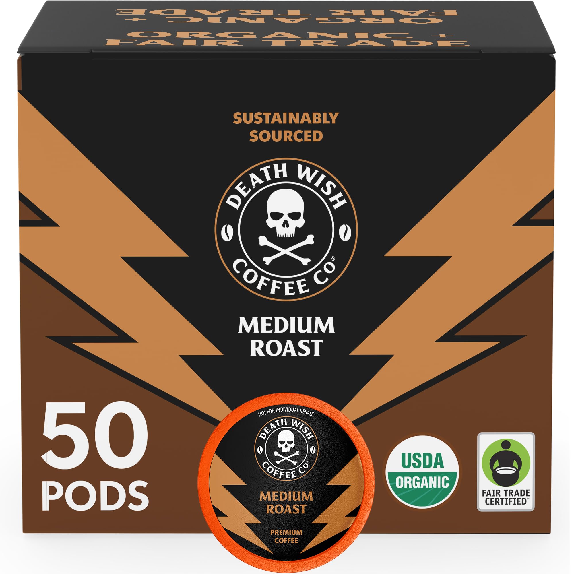 Death Wish Coffee Co. Medium Roast Single Serve Pods - Lighter Blend of Bold Arabica & Robusta Beans - USDA Organic Bold Full Body Roast for a Day Lift (50 Count)