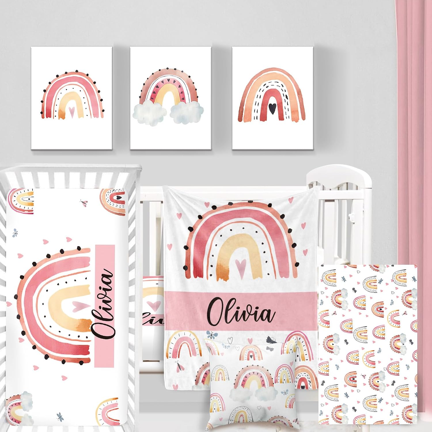 Custom Baby Crib Bedding Set - 5 Piece Nursery Crib Set Balls & Rainbow Design - Personalized Name Baby Blanket, Crib Fitted Sheet, Changing Pad Cover, Pillow Cover, Wall Art for Newborns Rainbow04