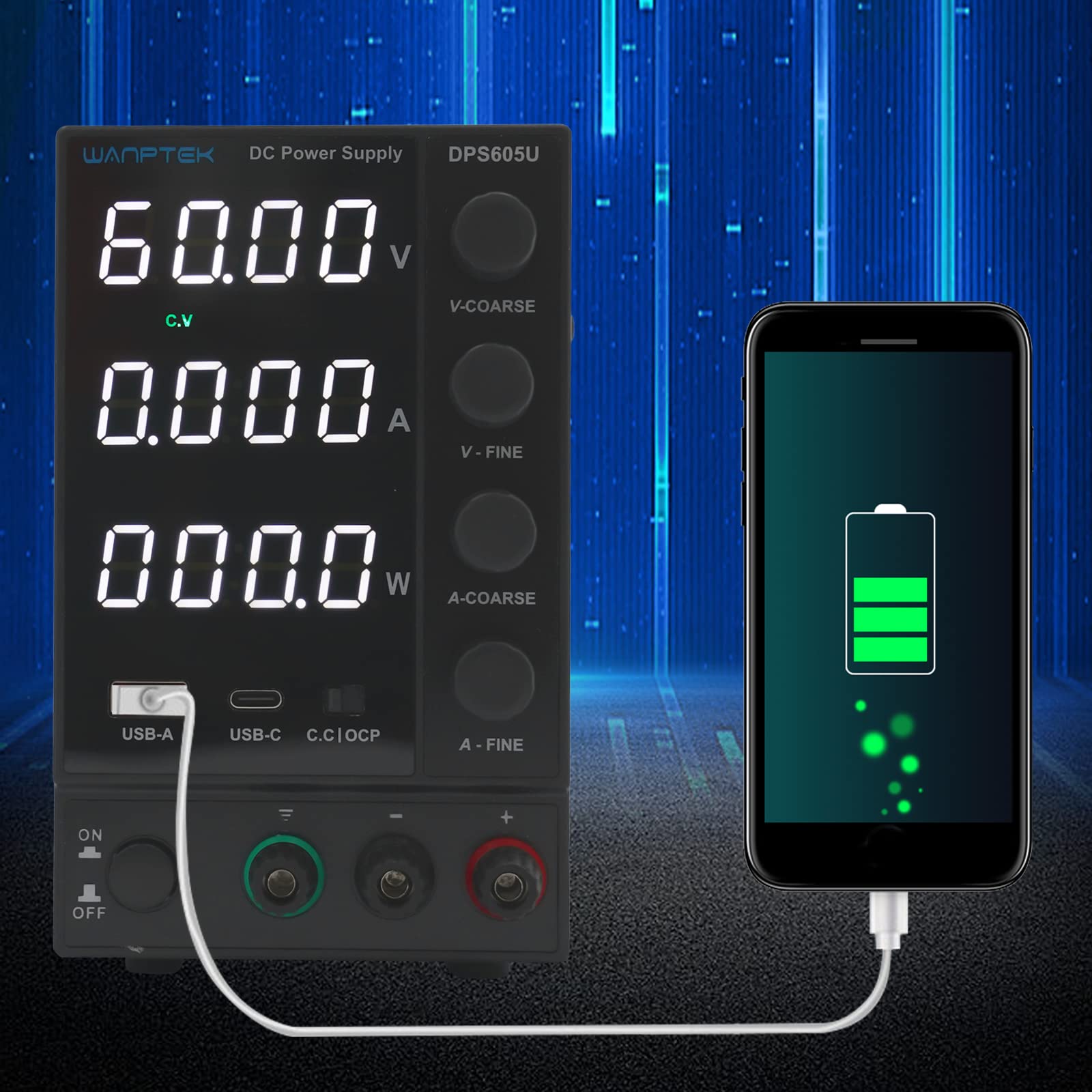 Zasilacz laboratoryjny 0 60 V 0 5 A 300 W DC zasilacz impulsowy 4-cyfrowy wyświetlacz 0,5% dokładności C.C/C.V automatyczny USB A/typ C 18 W wtyczka EU, kolor czarny, do badań i napraw
