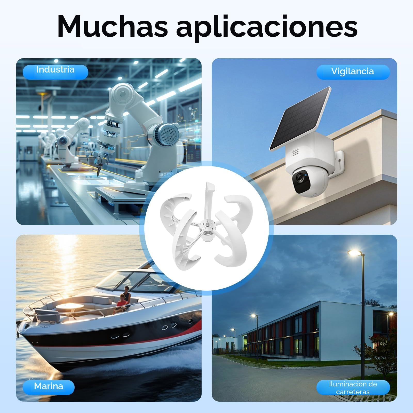 Aerogenerador de 600 W, aerogenerador con farol blanco, aerogenerador vertical de 5 aspas, adecuado para uso doméstico, de supervisión y en embarcaciones.