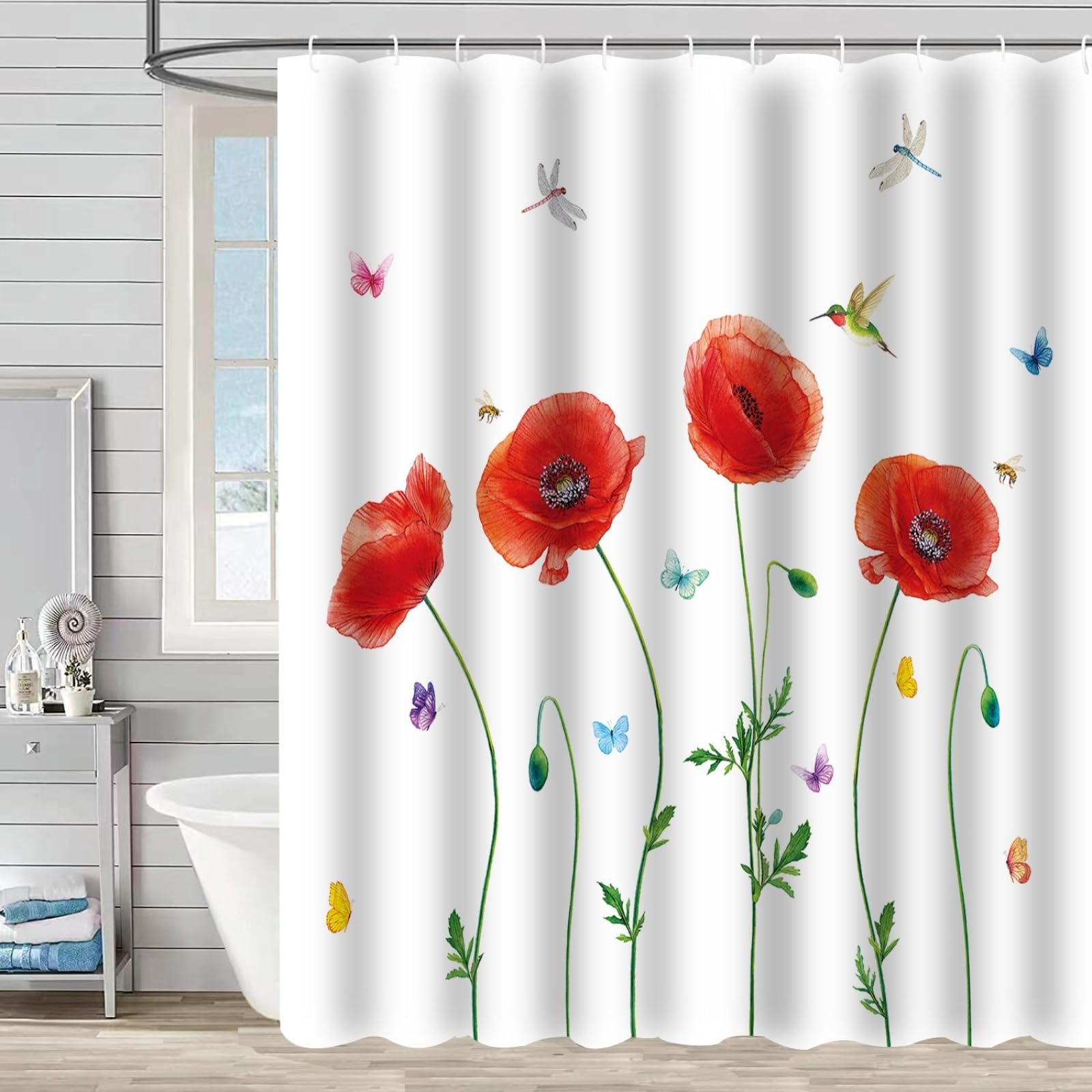 Shower Curtains Red Butterfly Flower Wet Room Shower Curtain Mould Proof Resistant Waterproof Polyster Fabric Washable with 12 Hooks Garden Bathroom Curtains (180x200cm)