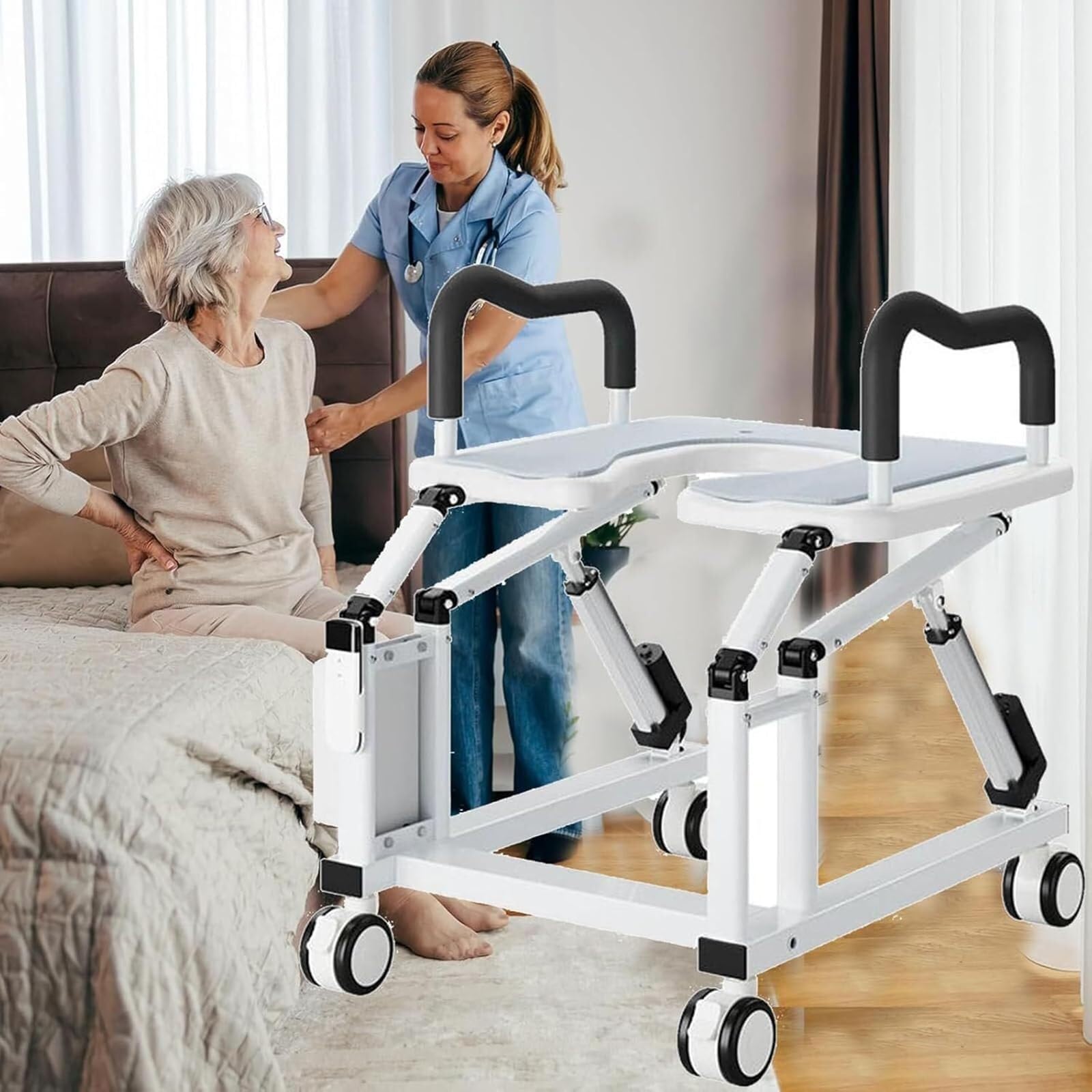 Podpórka na deskę sedesową z antypoślizgowymi podłokietnikami i kółkami 360°, ergonomiczny kąt podnoszenia 29°, zatrzymuje się po zwolnieniu ręki, idealny dla osób starszych