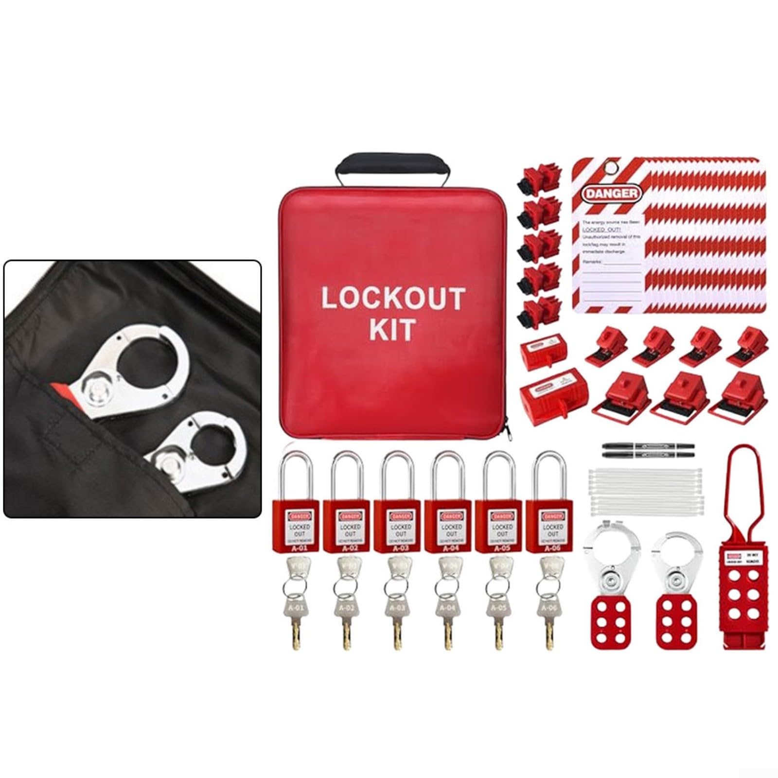 Kit de etiquetado de bloqueo con 6 cerraduras de seguridad y 30 bridas de cables, juego de bloqueo eléctrico compatible con OSHA para interruptores de circuito en industrial