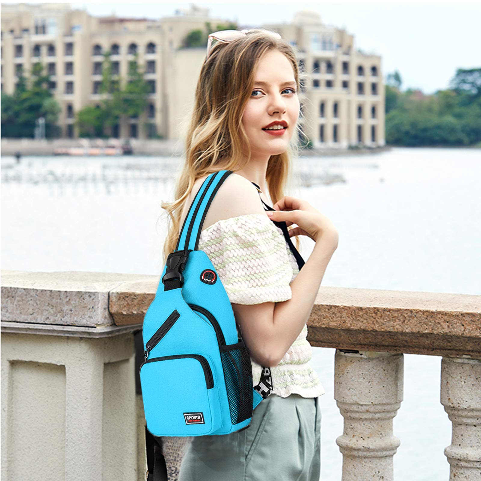 FANDARE Femme Sac de Poitrine Petit Sacs à Dos avec Trou pour écouteurs Sac à Bandoulière Fille Sacoche Bandouliere Sling Bag pour la Randonnée Vélo Camping Polyester Durable Bleu