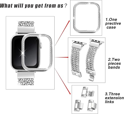 Miniatura 3 de DZTXYP Cadenas de metal de cristales y vaquero compatibles con Apple Watch con funda protectora brillante de 1.496 pulgadas, 1.575 pulgadas, 1.614