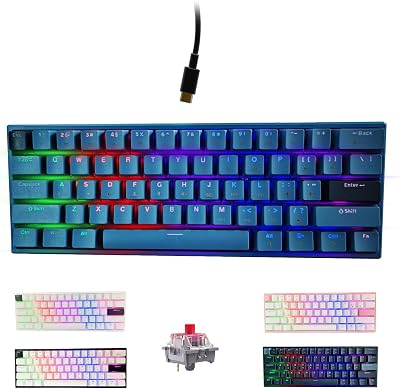 ONE-UP Portable 60% Mechanical Gaming Keyboard, LED Backlit Compact 61 Keys Mini Wired Office Keyboard with Red Switch, for Windows Laptop PC Mac - Black/Grey（Pale Blue）【Red Swich】