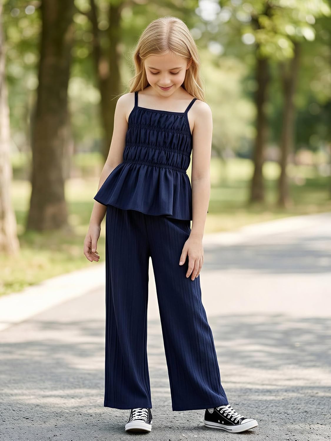 TTYAOVO Girls 2 Piece Summer Outfits Smocked Ruffle Top Wide Leg Pants Set Kids Clothes 5-13 Years