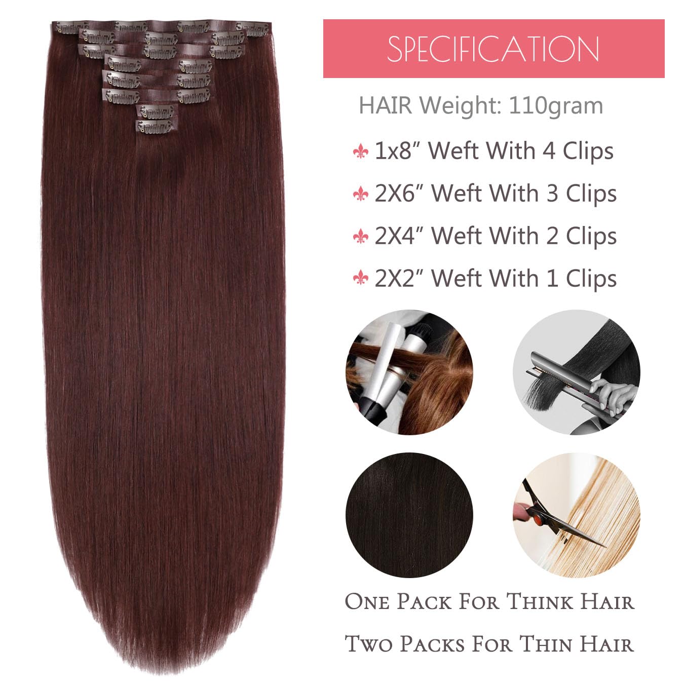 Loxxy Burgundy Clip in Hair Extensions Black Women - Dark Red Seamless Clip in Hair Extensions Human Hair - 20 Inch 8 Pcs 110g, Invisible PU Weft for Thin Hair