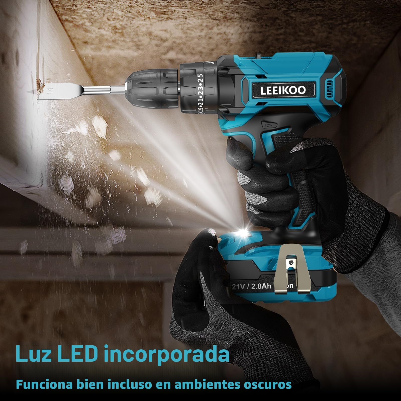 Taladro Percutor a Bateria 21V, LEEIKOO Taladro Atornillador Bateria, 42N.m Atornillador Electrico con Batería 2.0Ah, 25+3 Ajuste de Par, 24 Accesorios, 2 Velocidad, LED Luz Para Hogar, Bricolaje