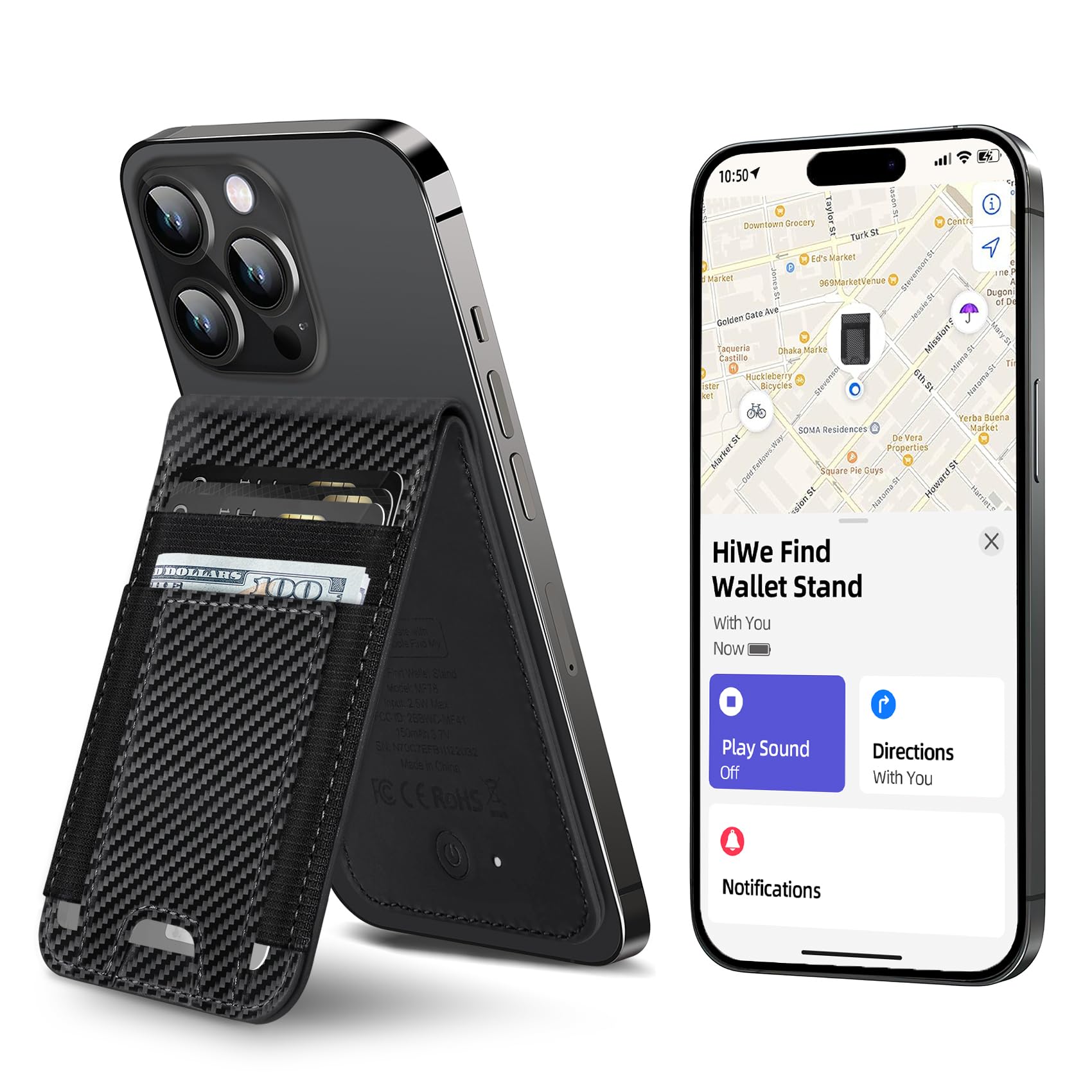 HiWe for MagSafe Wallet Stand with Find My, Anti-Lost Strongest Magnetic Wallet for iPhone 17/16/15/14/13/12 Series, 9 Cards Holder, Leather RFID, Carbon Fiber Black
