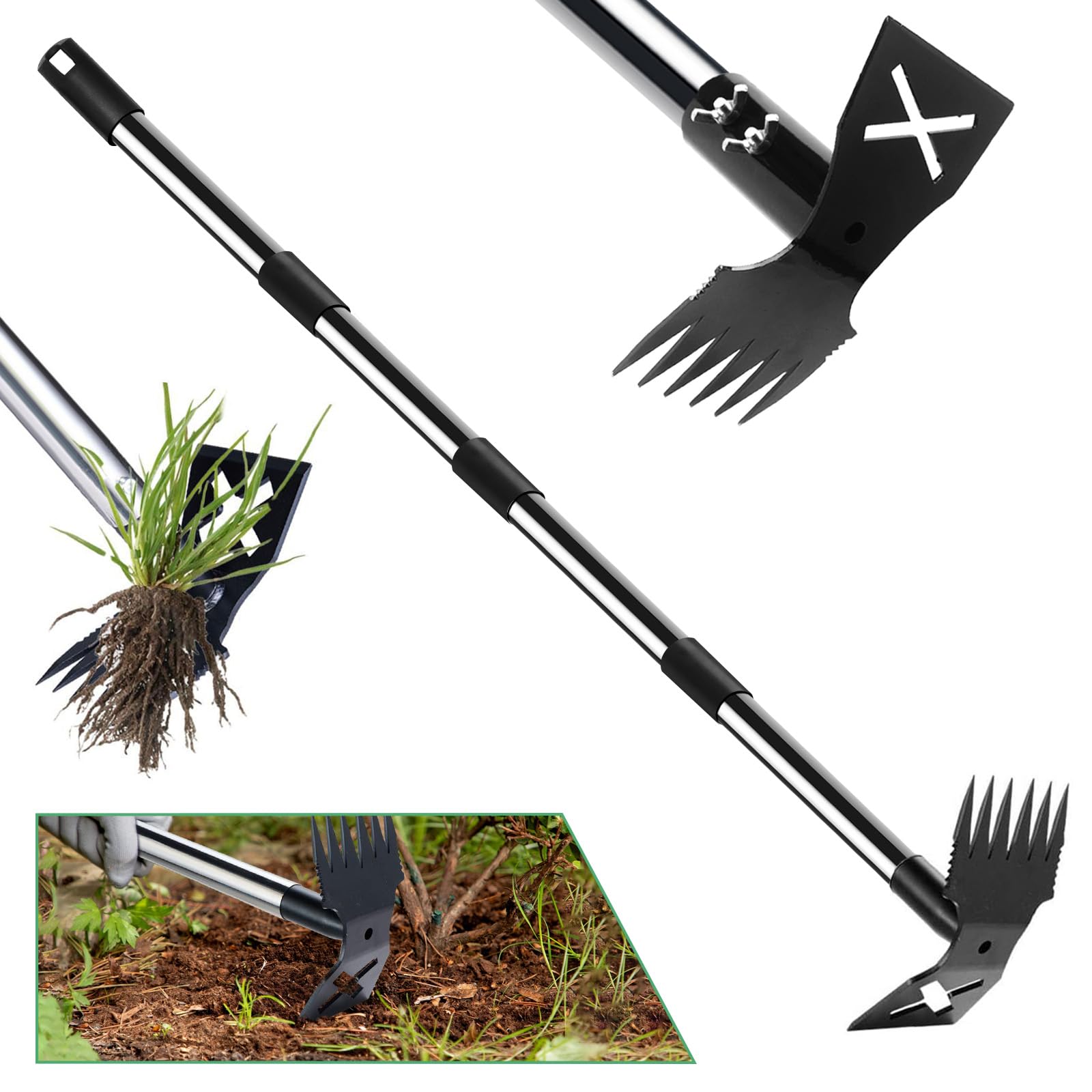 Sarchiatore Manuale con Manico,Estirpatore Erbacce,Manico Lungo Regolabile,Zappa a Due Teste per la Cura e il Diserbo del Giardino,Attrezzi da Giardino Multifunzionali per allentare,diserbo