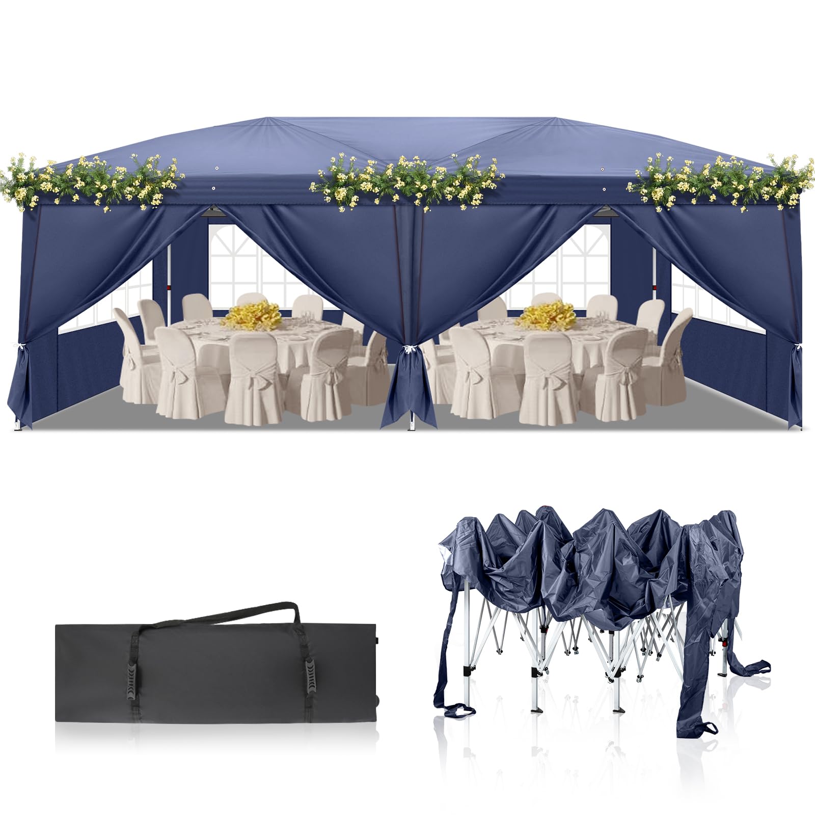 Bonnlo Pop Up Gazebo with Sides 3m x 6m, Easy Setup Instant Outdoor Canopy, Large Market Stall Shelter, Wedding Party Tent Blue