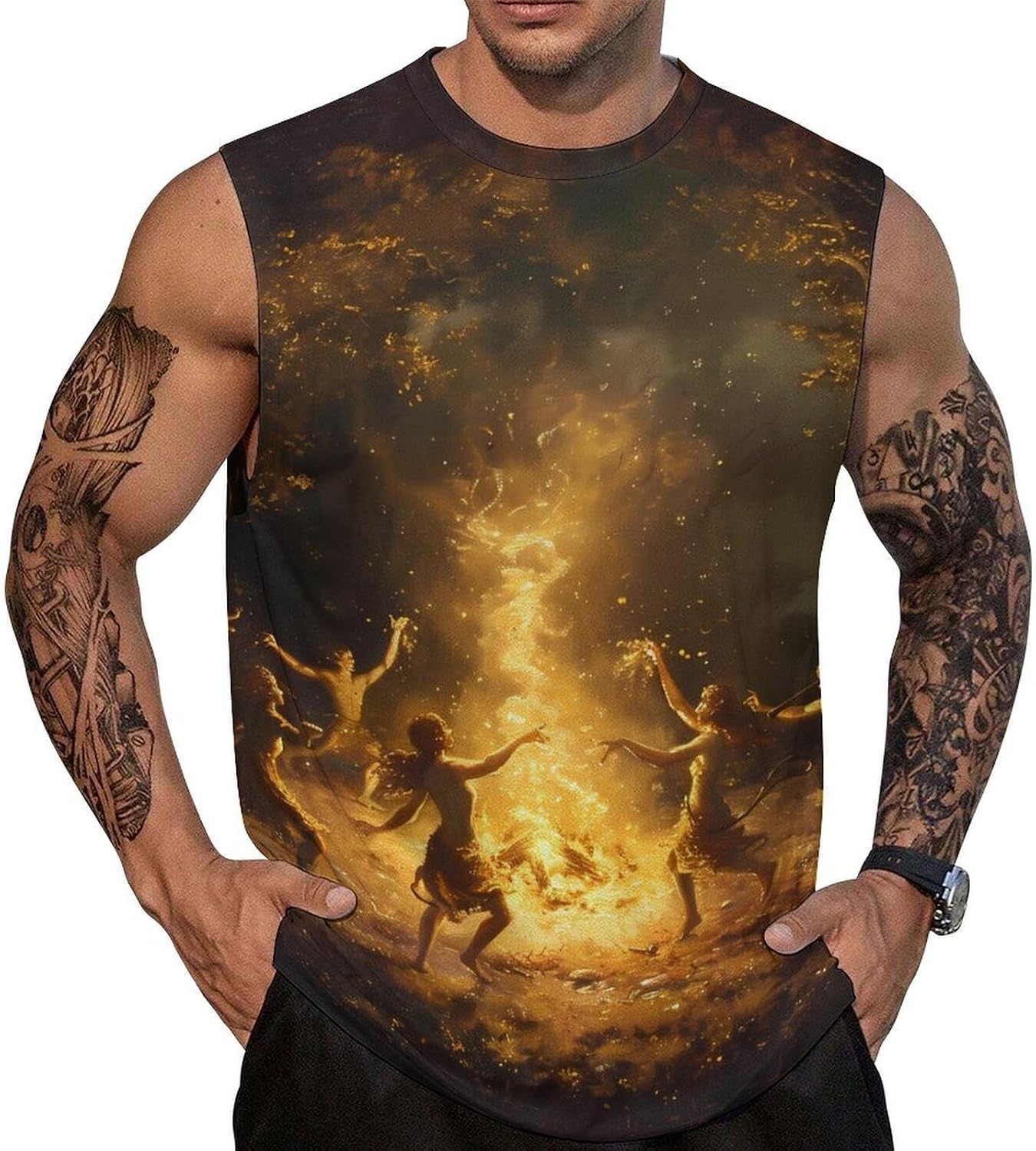 Forests Ritual Around Bonfire Men Summer Sleeveless Crew Neck Top 5XL