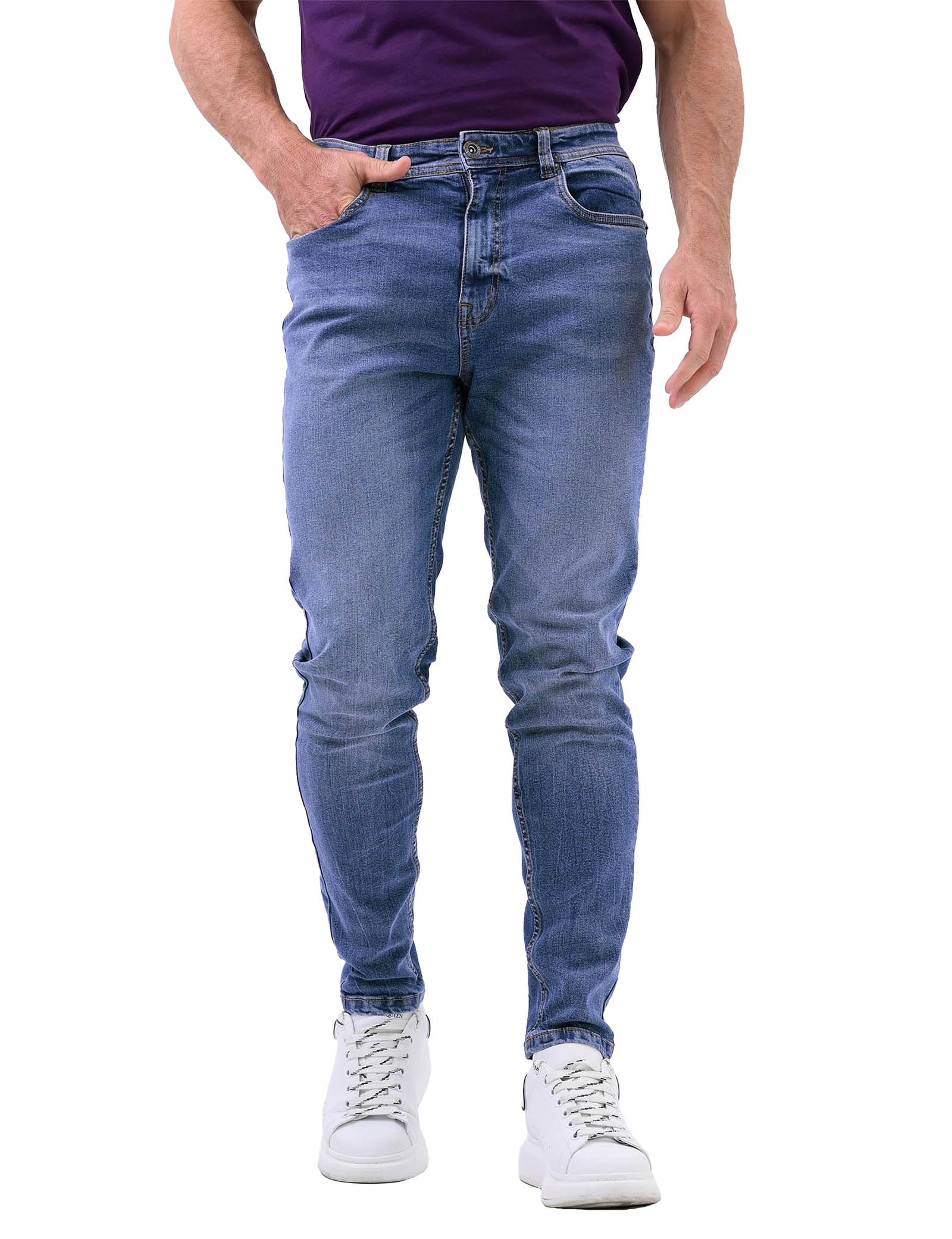 Enorsia Mens Slim Fit Jeans with Five-Pocket Styling, Branded Button and Zip Fly Fastening, Washed Design and Cotton-Rich Denim Fabric (Mid Blue, 38)