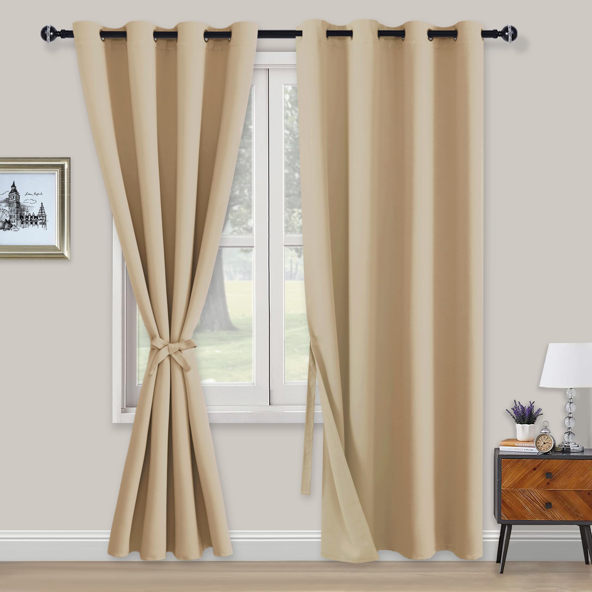 XWZO Blickdichte Vorhänge Verdunklungsvorhänge mit Ösen 2 Stücke Gardienen mit Raffhalter Lichtundurchlässige Vorhänge für Schlafzimmer,WonhzimmerBüro, 220x140 cm, Beige