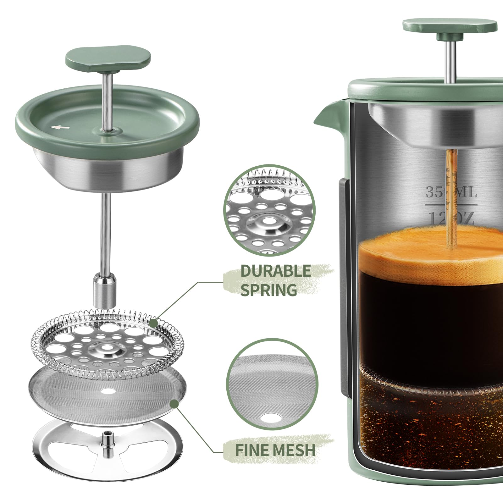 French Press Thermo – 350ml Stainless Steel Coffee Press, 2 Cup Cafetiere for Ground Coffee, Portable French Press