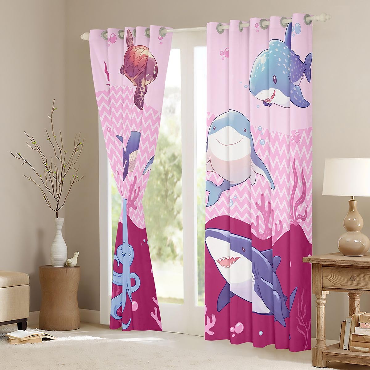 Homemissing Tende oscuranti con motivo di squalo, per camera da letto, soggiorno, oceano, animali marini, tartarughe marine, 2 pannelli, 132 cm di larghezza x 160 cm
