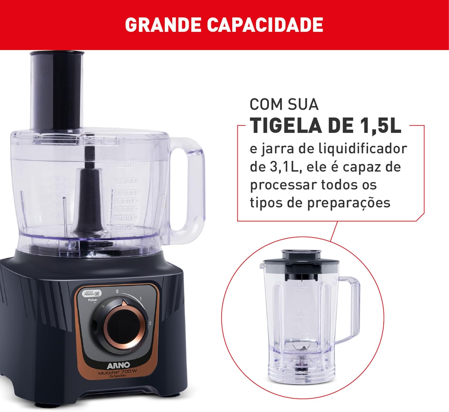 Multiprocessador Arno Multichef 700W MP72, com 24 Funções, Preto, 7 Acessórios, 2 Velocidades, Liquidificador 3,1L e Espremedor de Frutas, 220V Multiprocessador Arno Multichef 700W MP72, com 24 Funções, Preto, 7 Acessórios, 2 Velocidades, Liquidificador 3,1L e Espremedor de Frutas, 220V
