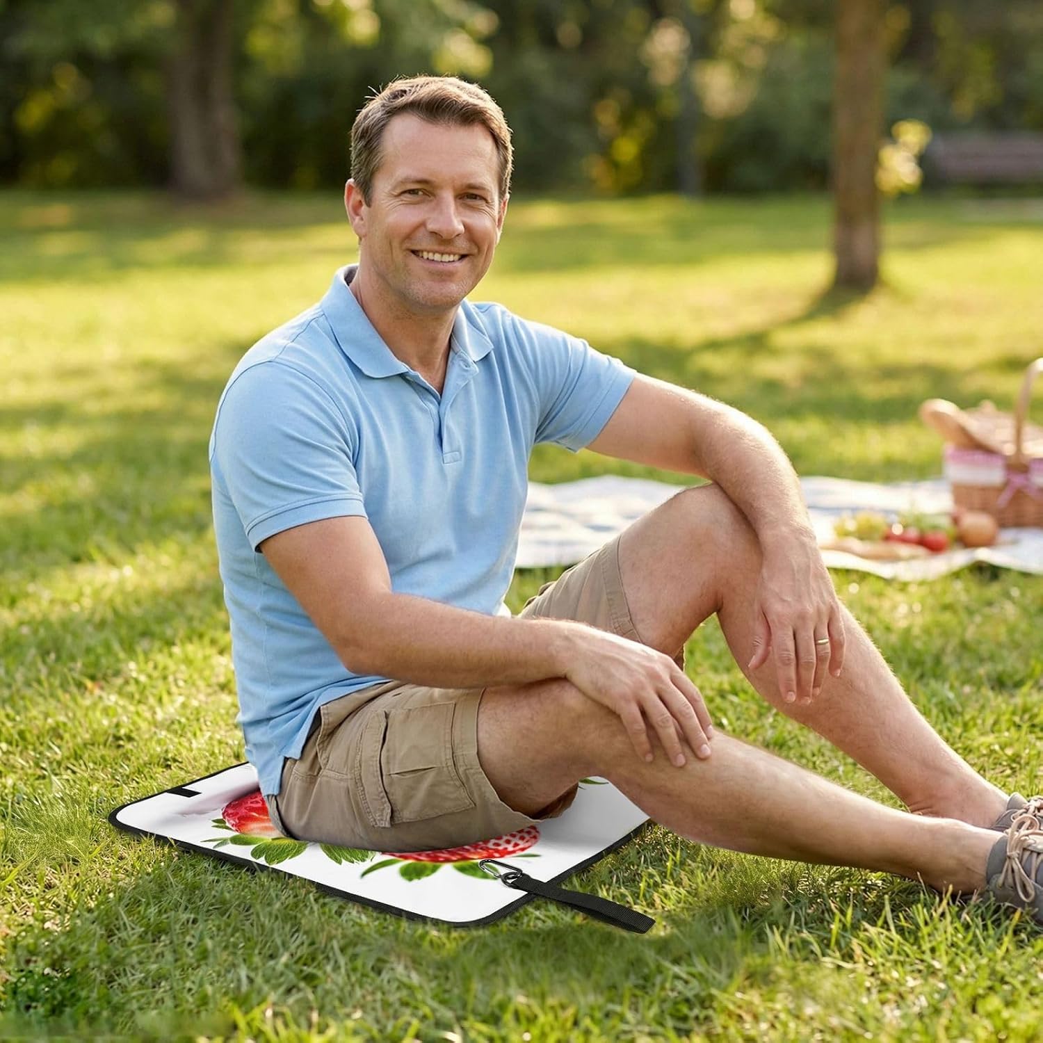 (Fresh Strawberry) Sitting Pad Foldable Seat Cushion Lightweight Camping Seat Mat with Hook for Outdoor Hiking Picnic Camping
