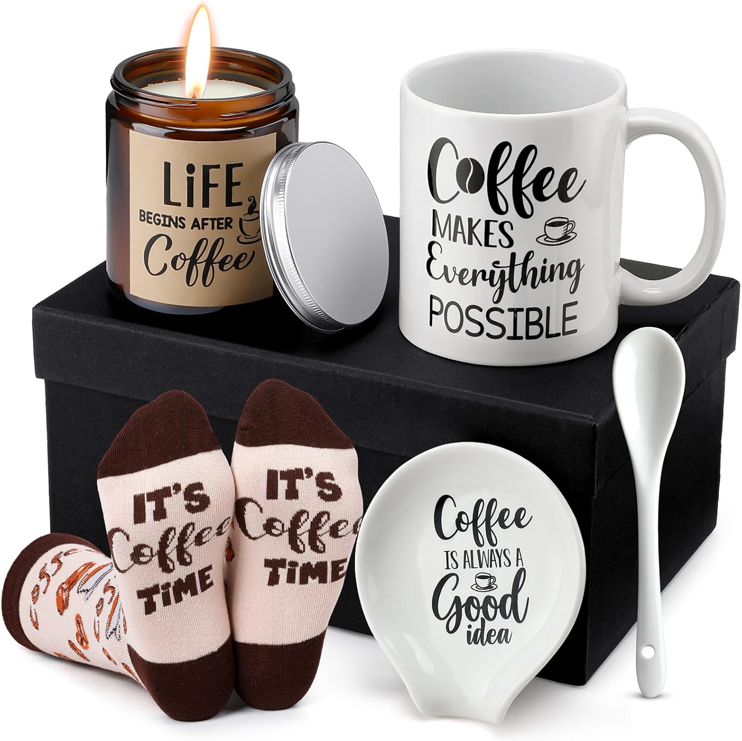 Vabean 5 Pieces Coffee Lover Gifts Set - Includes Mug and Spoon Rest Holder, Candle and Socks, Coffee Theme Box Accessories Basket for Men Women Enthusiasts Thanksgiving Christmas Holiday Gift Idea